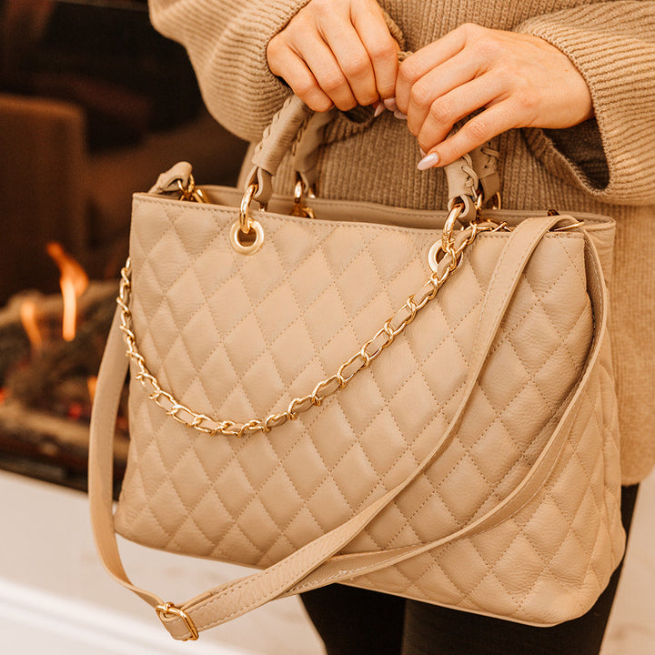 Kensington Italian Leather Quilted Tote Bag | Beige