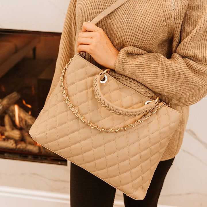 Kensington Italian Leather Quilted Tote Bag | Beige