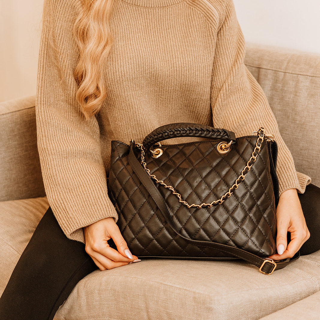 Kensington Italian Leather Quilted  Tote Bag | Black