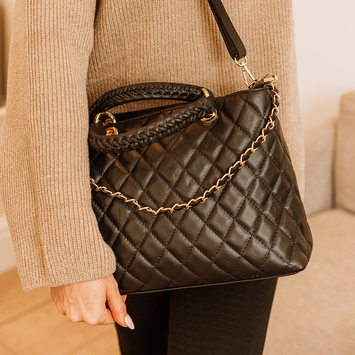 Kensington Italian Leather Quilted  Tote Bag | Black
