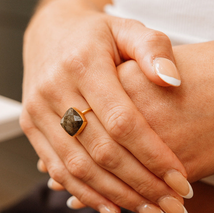 Nadine Labradorite Square Set Adjustable Ring | Gold