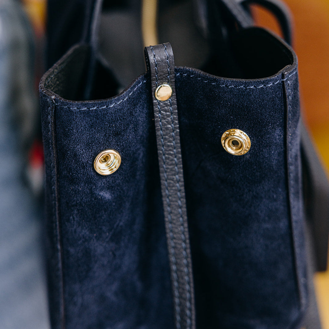 Navy Suede Tote Bag close up of side snap studs
