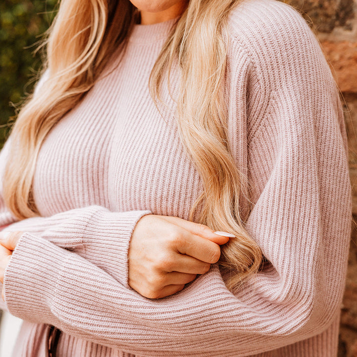 Chelsea Cashmere Mix Crewneck Ribbed Sweater with Side Slits | Pink