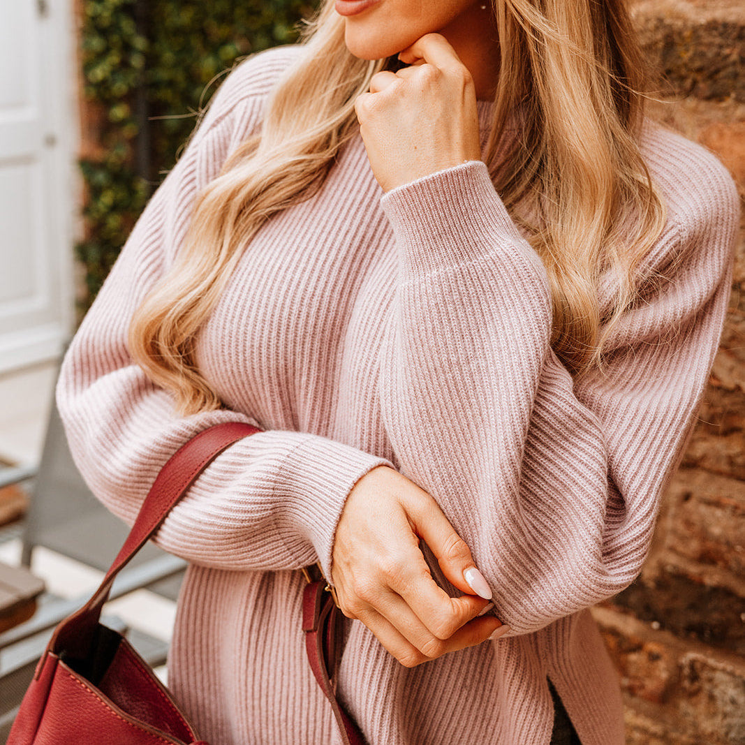 Chelsea Cashmere Mix Crewneck Ribbed Sweater with Side Slits | Pink