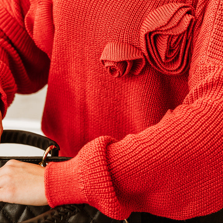 Audrey Luxury Red Rose Crew Neck Sweater | One Size