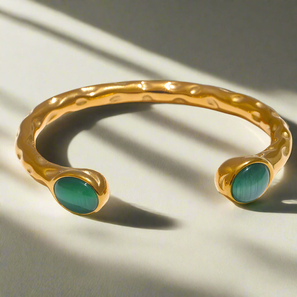 Meredith Multicoloured Stone Gold Cuff Bracelet. Green