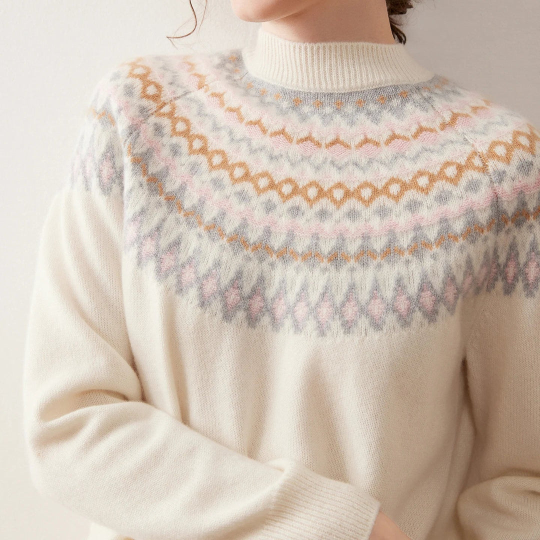 Jacqui Pure Cashmere Fair Isle Crew Neck Sweater | Ivory