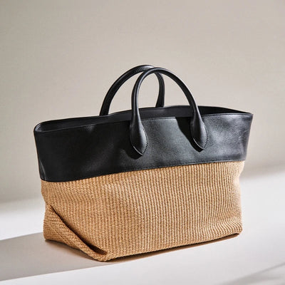 Casia Large Leather Tote Bag.  Apricot hessian and Black