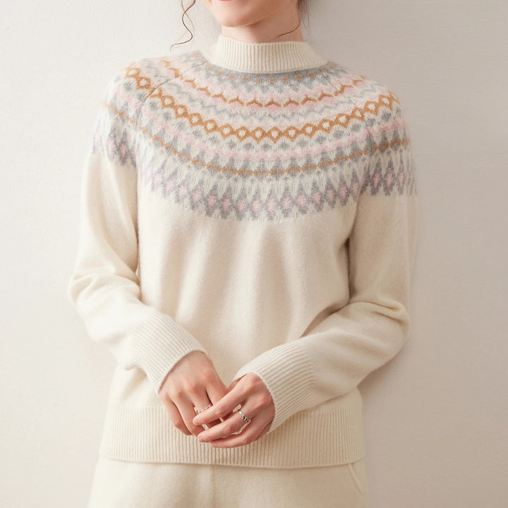 Jacqui Pure Cashmere Fair Isle Crew Neck Sweater | Ivory