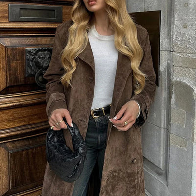 Full length faux suede coat in a dark conker shade