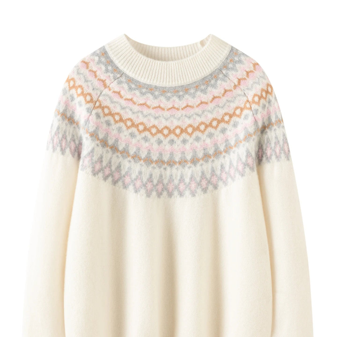 Jacqui Pure Cashmere Fair Isle Crew Neck Sweater | Ivory