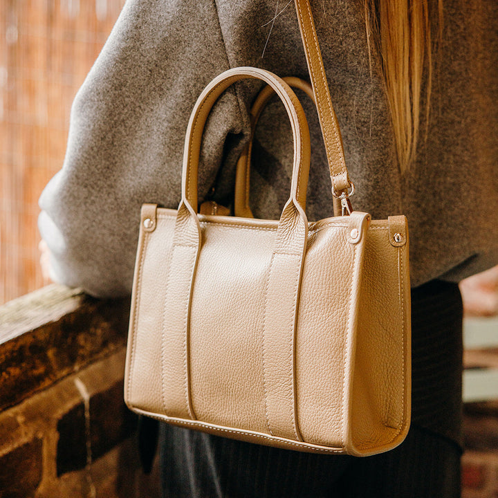 Brompton Italian Leather Small City Tote Bag | Beige