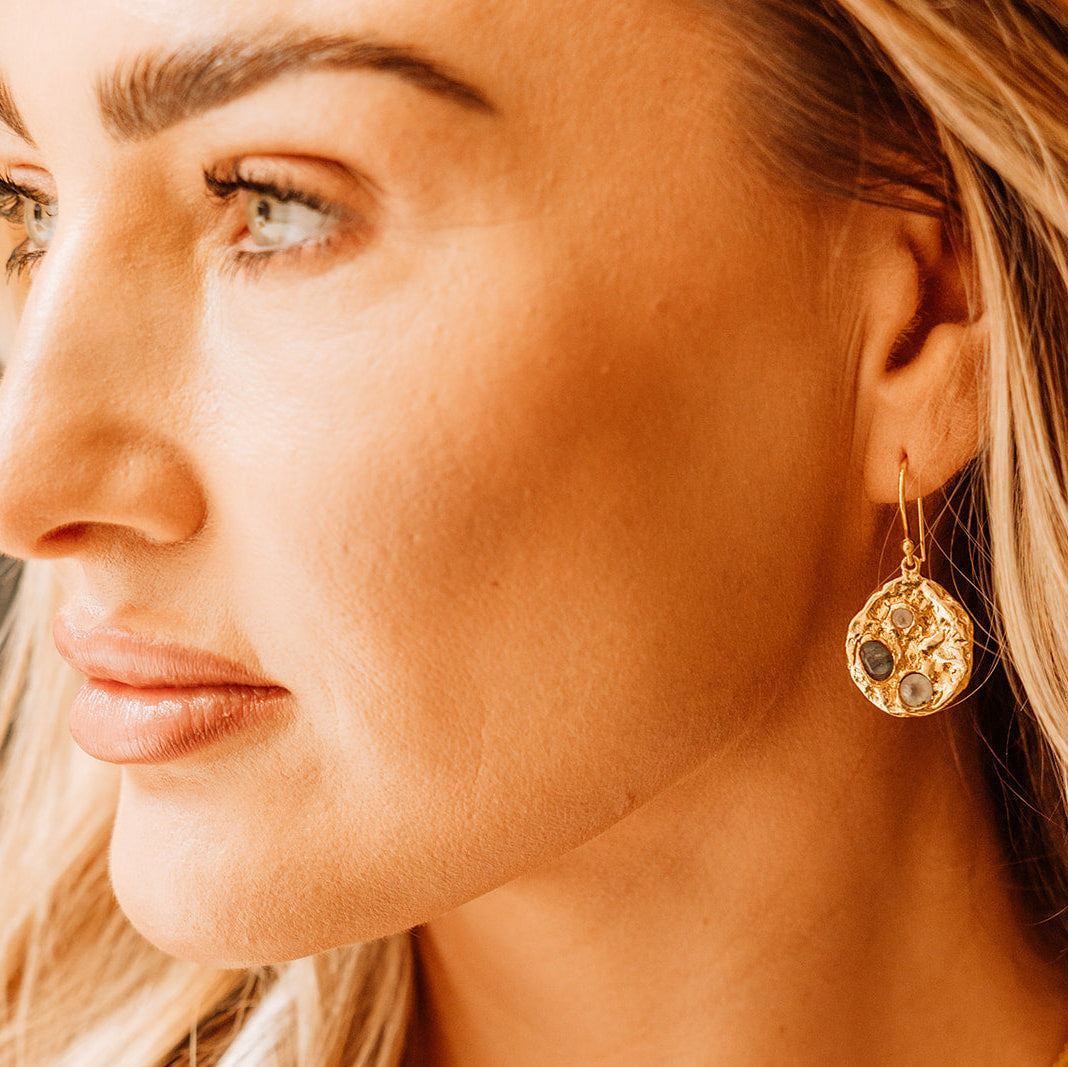 Textured Gemstone Coin Earrings | Gold