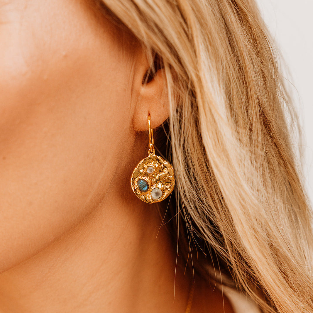 Textured Gemstone Coin Earrings | Gold