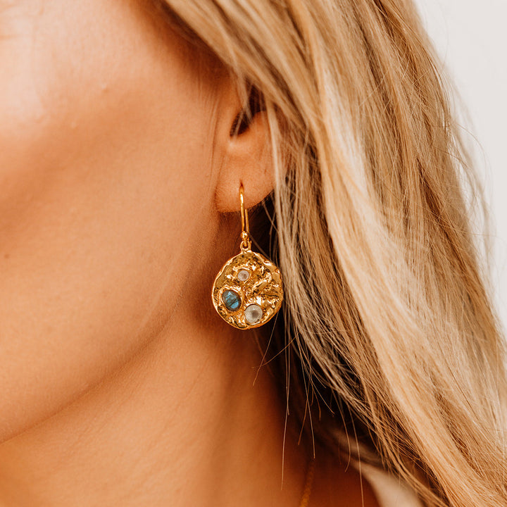 Textured Gemstone Coin Earrings | Gold