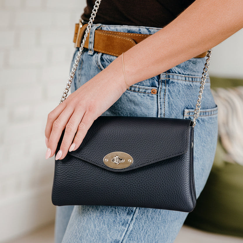 Marylebone Italian Leather Large Wallet on Chain | Navy