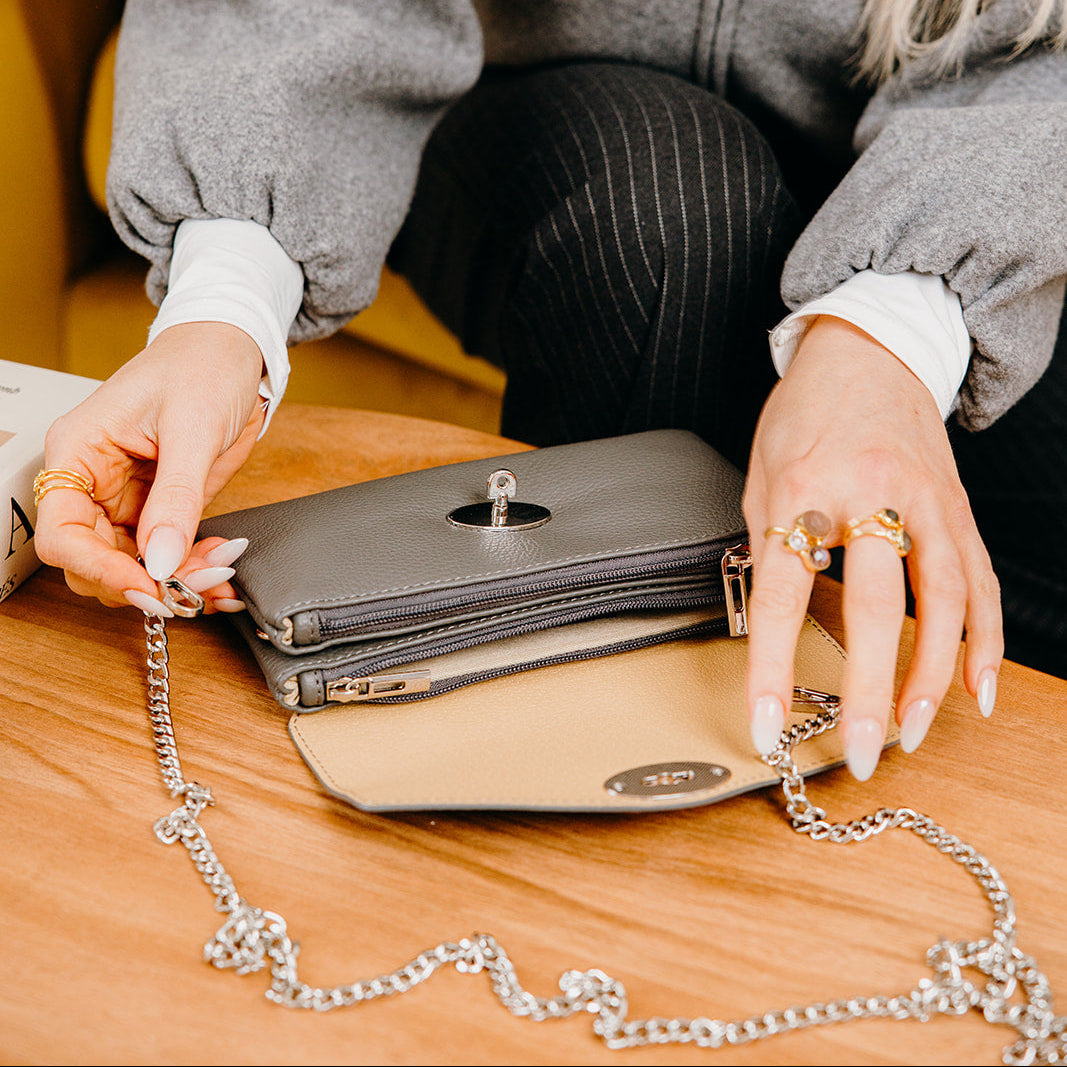 Marylebone Italian Leather Large Wallet on Chain | Beige
