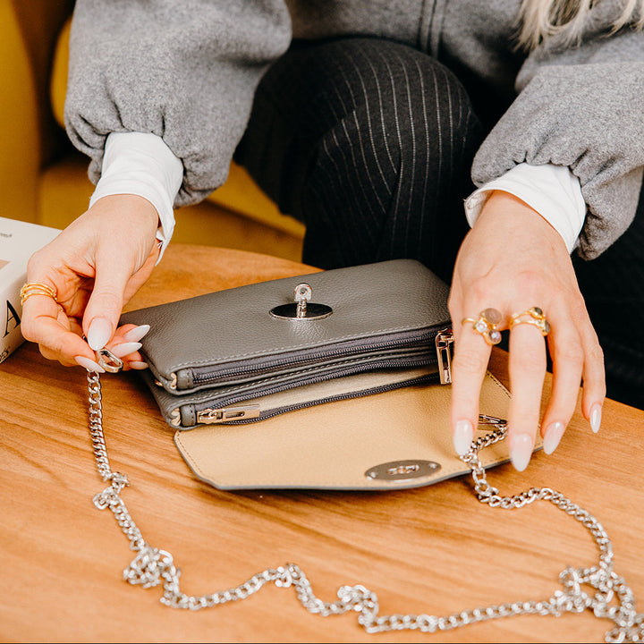 Marylebone Italian Leather Large Wallet on Chain | Beige