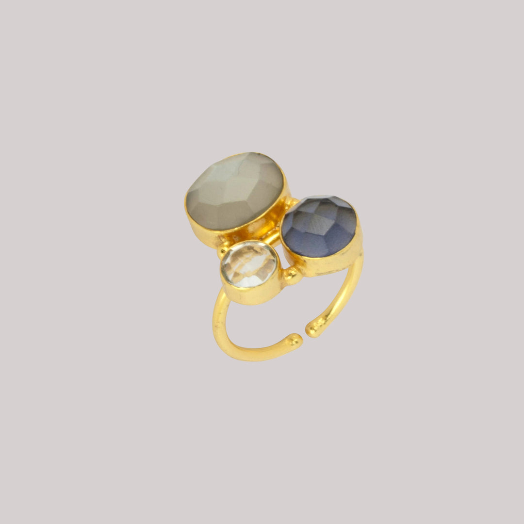 Tillie Multistone Adjustable Gold Ring featuring navy blue iolite, grey chalcodony and clear crystal
