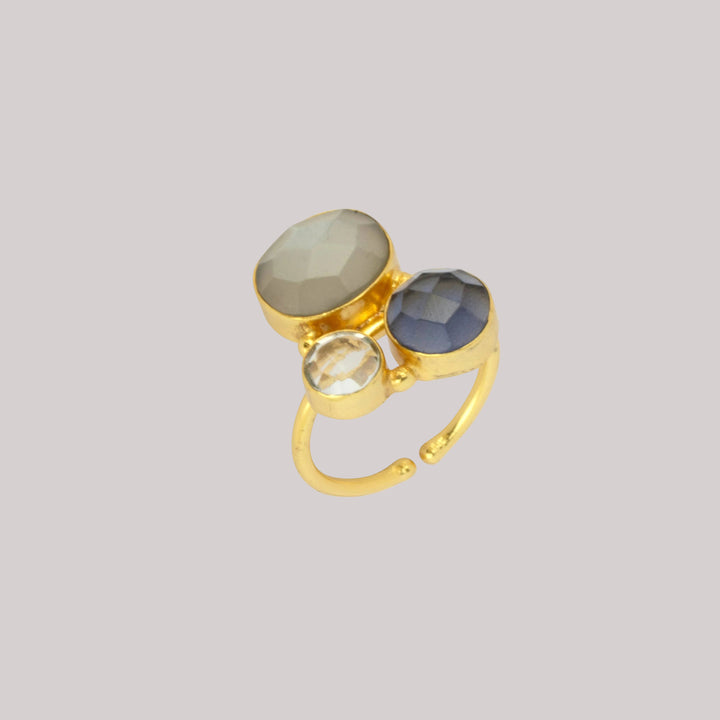 Tillie Multistone Adjustable Gold Ring featuring navy blue iolite, grey chalcodony and clear crystal