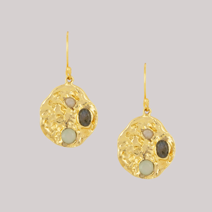 Textured Gemstone Coin Earrings | Gold