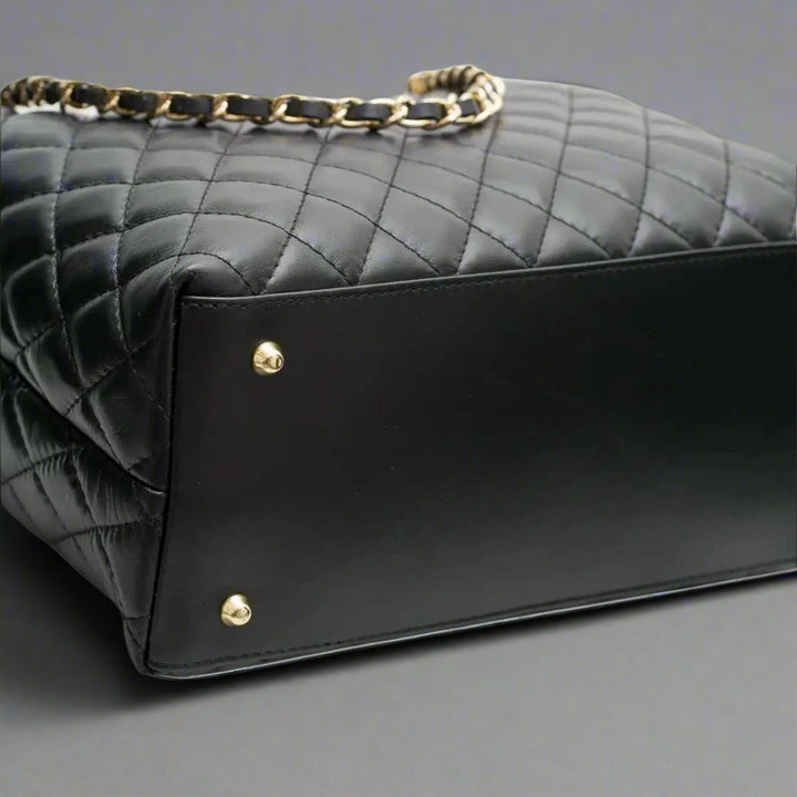 Lucca Quilted Leather Tote Bag  in Black