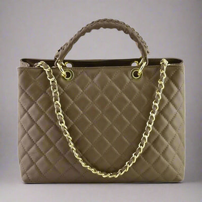 Lucca Quilted Leather Tote Bag in Beige