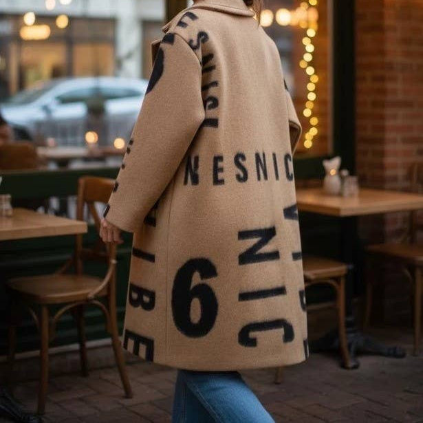 Taggie Graphic Print Overcoat in Camel | One Size