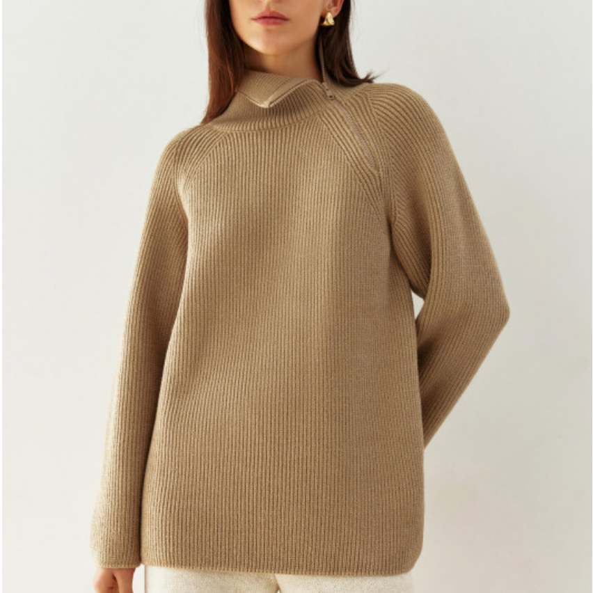 Fairburn High Neck Sweater with Sid Zip Collar  | Caramel