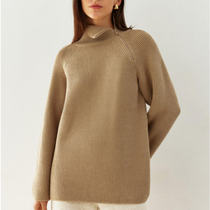 Fairburn High Neck Sweater with Sid Zip Collar  | Caramel