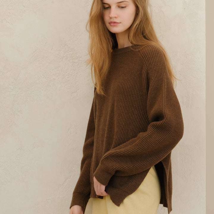 Chelsea Cashmere Mix Crewneck Ribbed Sweater | Tobacco
