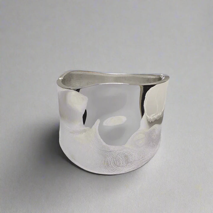 Wanda statement wide hinged cuff bracelet. Polished silver.