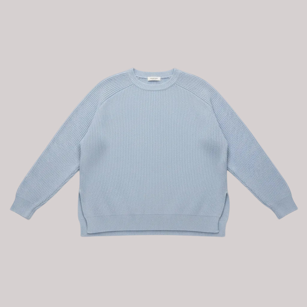 Chelsea Women's Blue Crew Neck Cashmere Sweater with ribbed design, saddle seaming and side slits