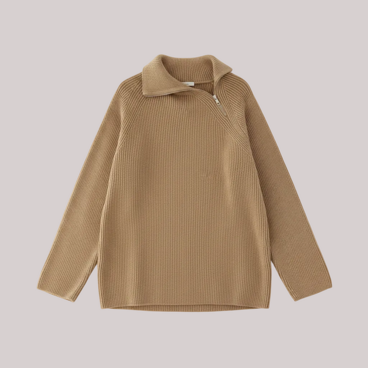 Fairburn High Neck Sweater with Sid Zip Collar  | Caramel