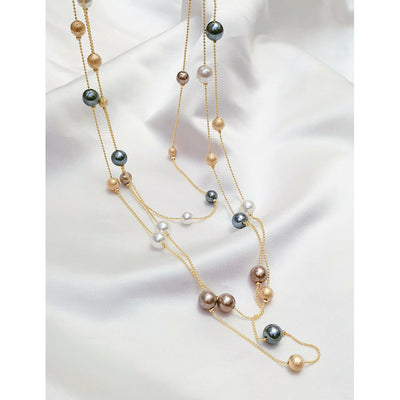 The Shelby is a statement multi strand station necklace featuring simulated pearls throughout, on a delicate zinc alloy gold wire. 45cm longest length. White pearl or gray (coloured). 