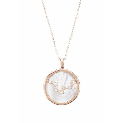 This elegant Pisces birth sign pendant necklace is perfect for those who covet delicate jewellery with added sparkle. Rose gold dipped sterling silver encases a disc of white mother of pearl, handset with white cubic zirconia. Lobster clasp and size adjuster. Gift presented.