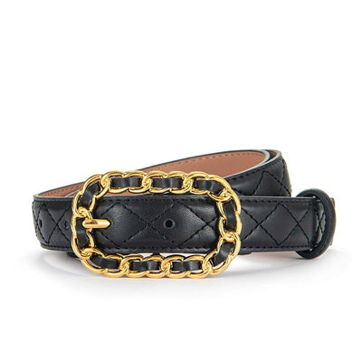 The LouLou is a designer inspired, fine leather belt featuring a quilted design and chain buckle belt with gold hardware.  120cm length and 2.5cm width.  Black, Brown, Coffee, Khaki or Red.
