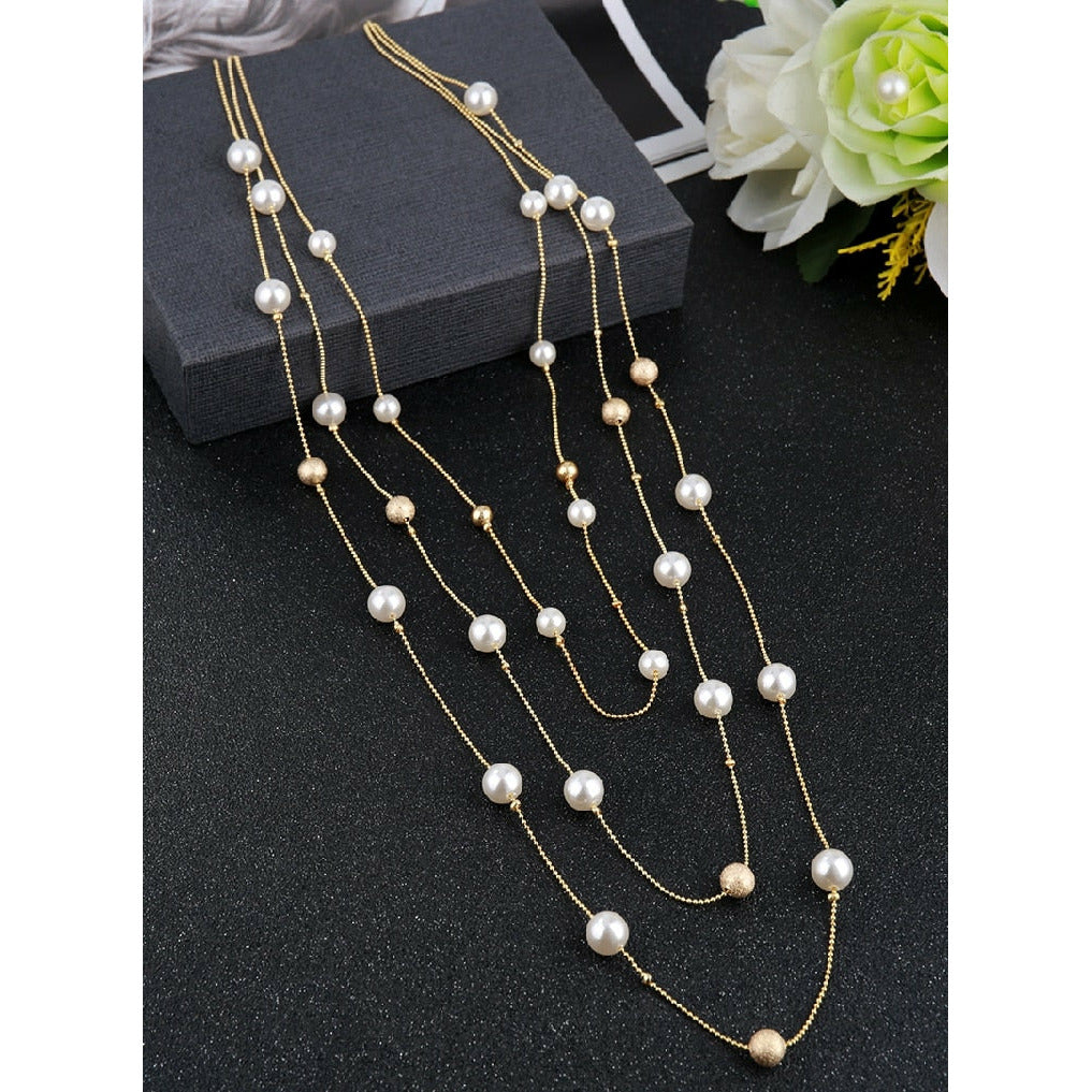 The Shelby is a statement multi strand station necklace featuring simulated pearls throughout, on a delicate zinc alloy gold wire. 45cm longest length. White pearl or gray (coloured). 
