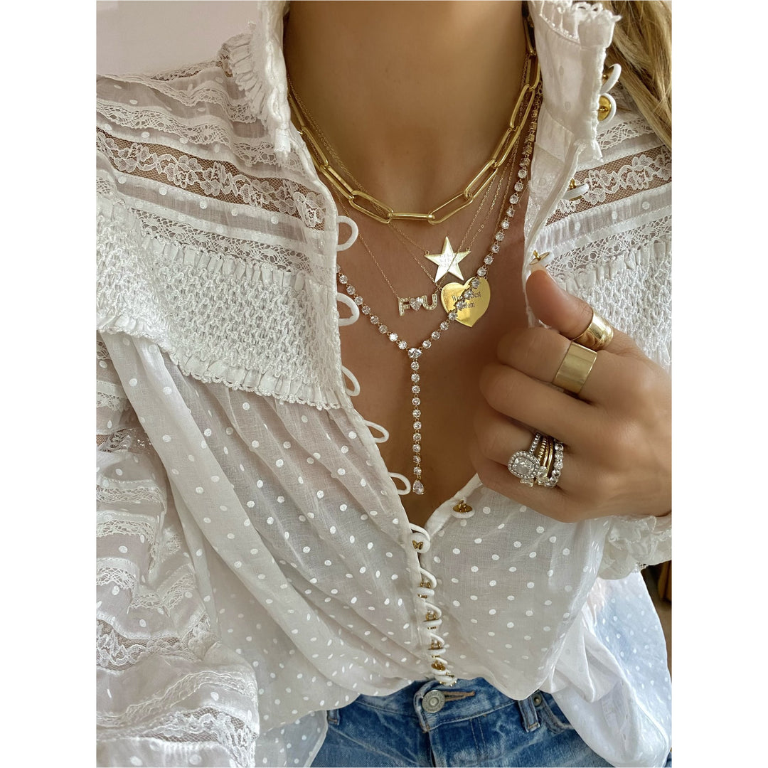 Melinda Maria Diamond Drop Lariat in Gold.