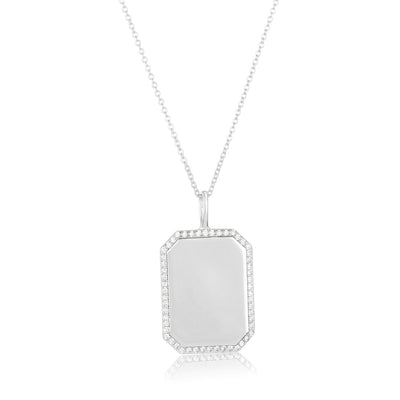 rom LA based celebrity jewellery designer, Melinda Maria. This large, square style dog tag necklace in silver is surrounded by a border of sparkling white CZ's. 