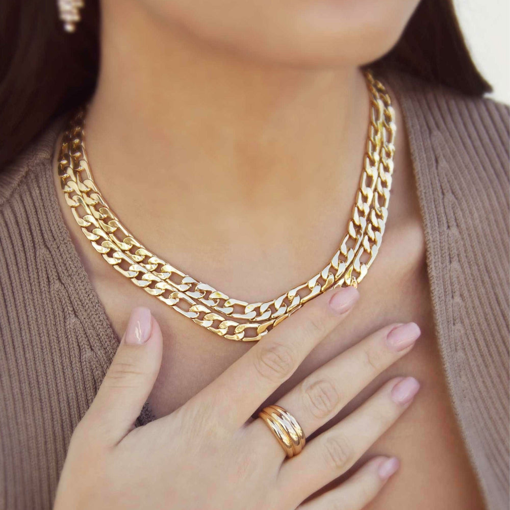 Marny is a gorgeous double link chain necklace.  This style is hypoallergenic 18kt gold plate over stainless steel.  The smaller chain is 12.5" and the longer 13.5" with a 5" extender.
