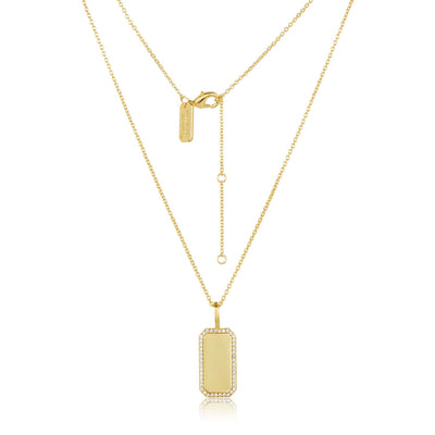 From LA based celebrity jewellery designer, Melinda Maria. The Tag me Rectangular Dog Tag necklace features a border of sparkling white CZ's. 18k gold plating over sterling silver.