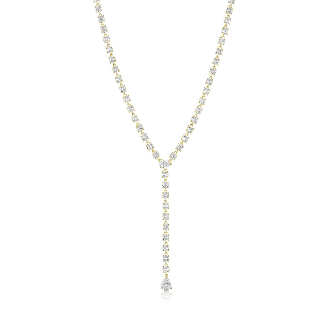 Melinda Maria Diamond Drop Lariat in Gold.