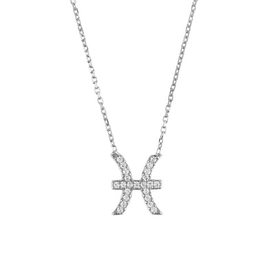 This Pisces zodiac necklace is made from 925 sterling silver, hand set with multifaceted white zircons.  Finished with a lobster clasp, and size adjuster This item is presented in signature gift packaging.