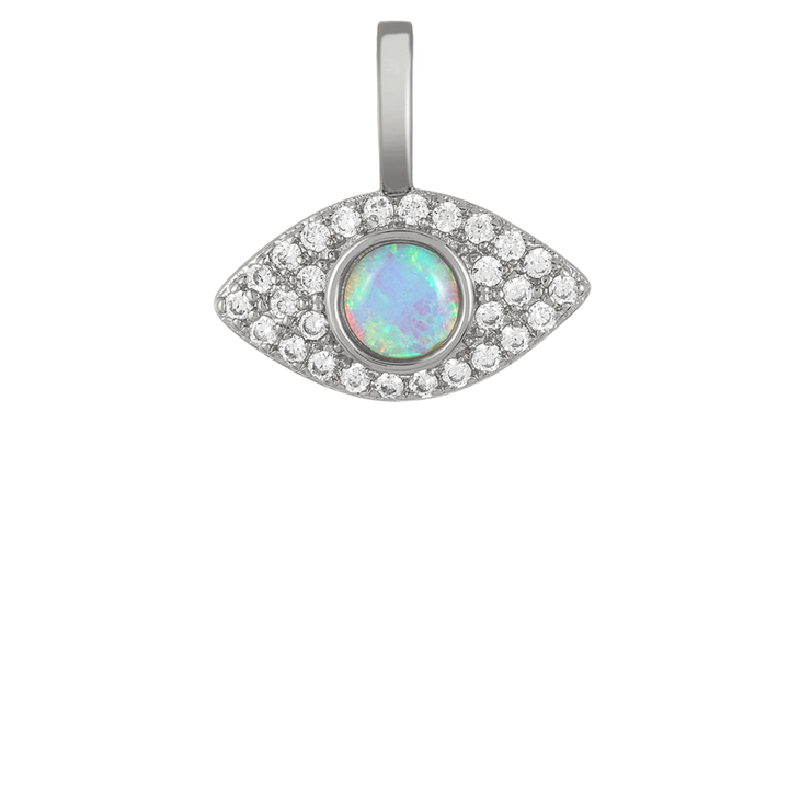 Melinda Maria&amp;nbsp;ICONS Evil Eye necklace charm in silver with blue opal stone and white diamondettes. 