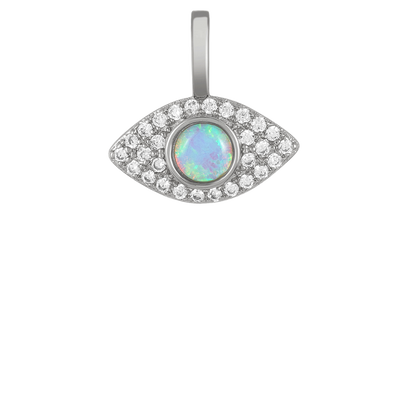 From LA based celebrity jewellery designer, Melinda Maria.  ICONS Evil Eye necklace charm in silver with blue opal stone and white diamondettes.  Made for wearing with the ICONS necklace chains.