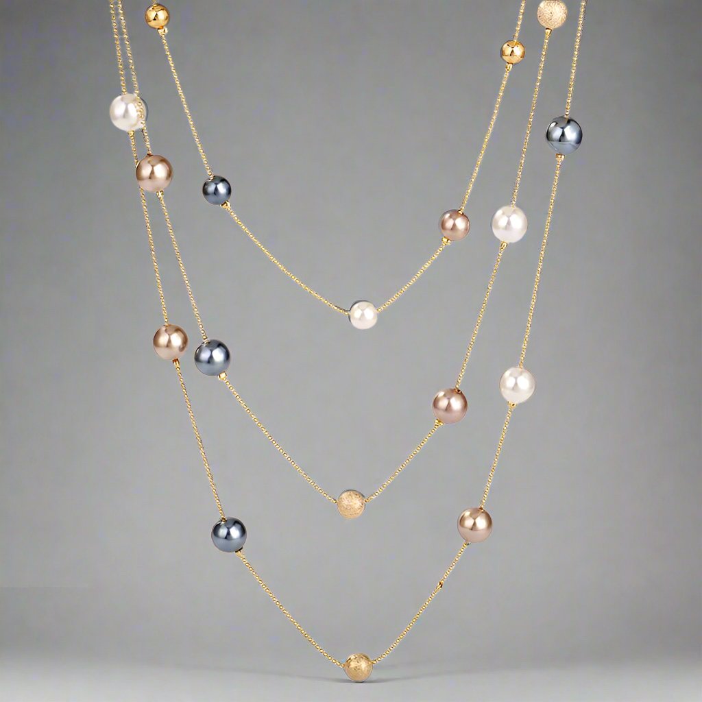The Shelby is a statement multi strand station necklace featuring simulated pearls throughout, on a delicate zinc alloy gold wire. 45cm longest length. White pearl or gray (coloured). 