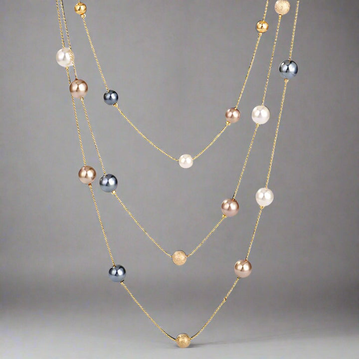 The Shelby is a statement multi strand station necklace featuring simulated pearls throughout, on a delicate zinc alloy gold wire. 45cm longest length. White pearl or gray (coloured). 