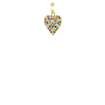 From LA based celebrity jewellery designer, Melinda Maria, this pavé heart charm in gold with rainbow diamondettes, is perfect for any outfit. Made for wearing with the ICONS necklace chains.